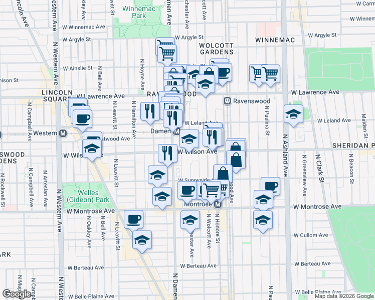 map of restaurants, bars, coffee shops, grocery stores, and more near 4600 North Winchester Avenue in Chicago