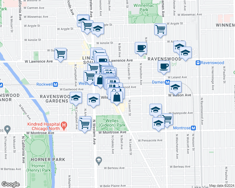 map of restaurants, bars, coffee shops, grocery stores, and more near 2237 West Eastwood Avenue in Chicago