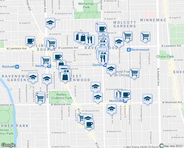 map of restaurants, bars, coffee shops, grocery stores, and more near 2106 West Wilson Avenue in Chicago