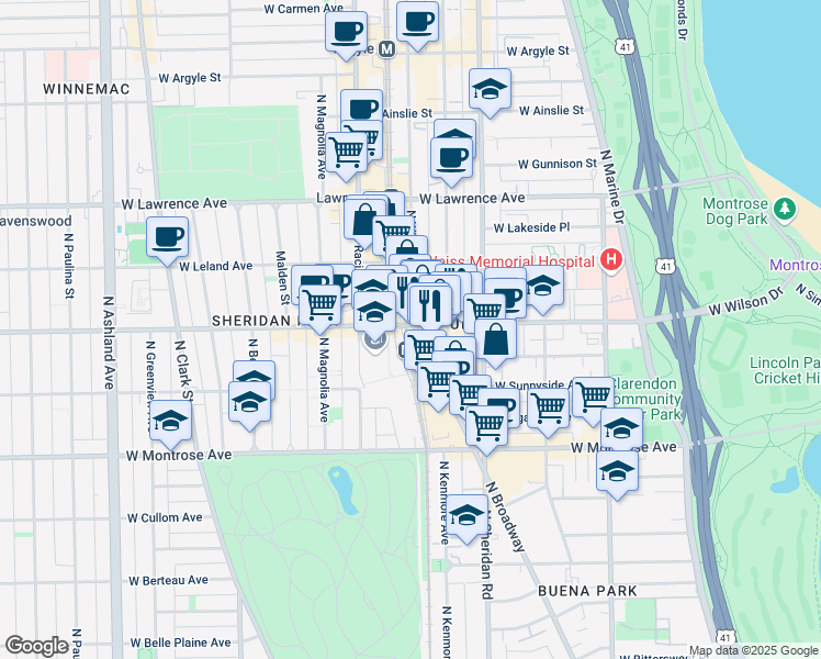 map of restaurants, bars, coffee shops, grocery stores, and more near 4570 North Broadway in Chicago