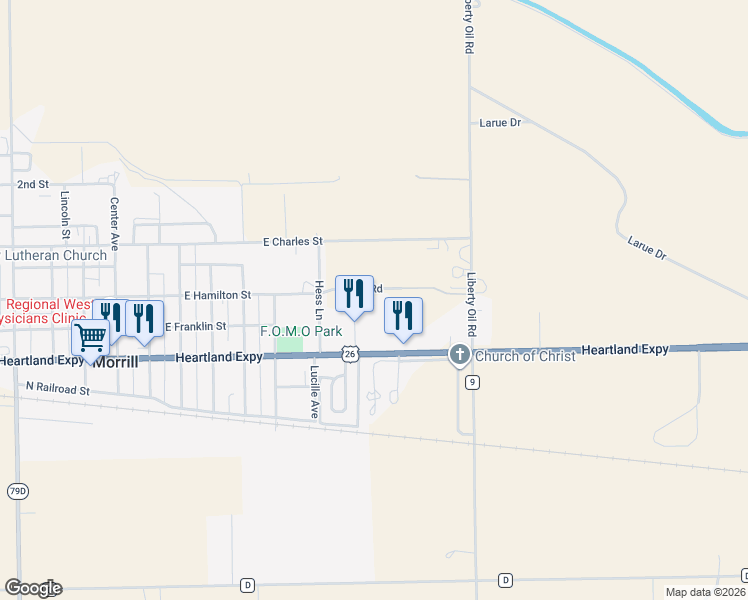 map of restaurants, bars, coffee shops, grocery stores, and more near 90851-90899 Kelley Road in Morrill