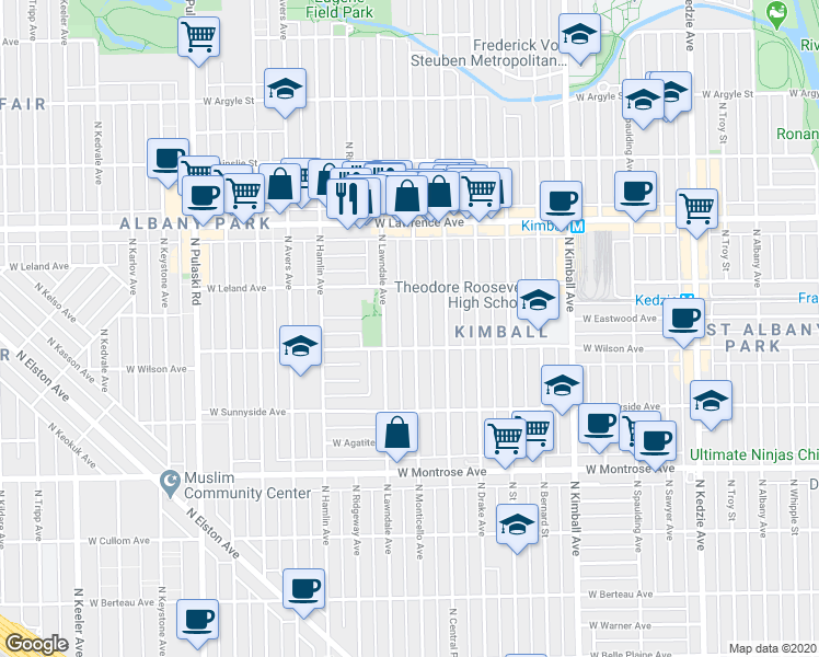 map of restaurants, bars, coffee shops, grocery stores, and more near 4616 North Monticello Avenue in Chicago
