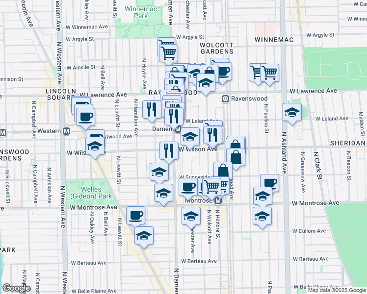 map of restaurants, bars, coffee shops, grocery stores, and more near 4600 North Winchester Avenue in Chicago