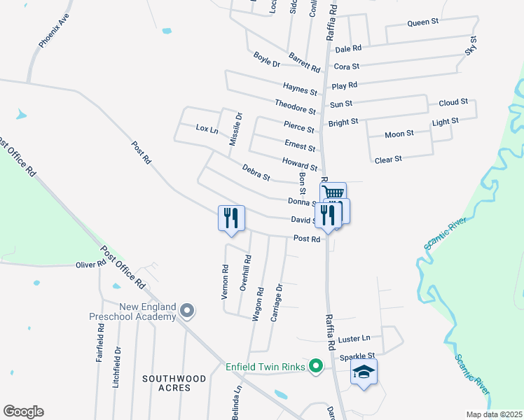 map of restaurants, bars, coffee shops, grocery stores, and more near 22 David Street in Enfield