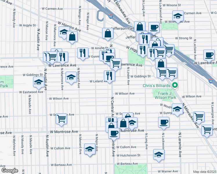 map of restaurants, bars, coffee shops, grocery stores, and more near 5610 West Eastwood Avenue in Chicago