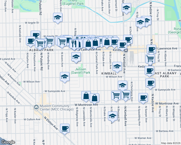 map of restaurants, bars, coffee shops, grocery stores, and more near 4624 North Monticello Avenue in Chicago