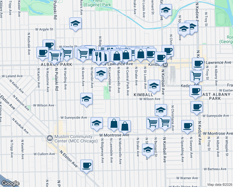 map of restaurants, bars, coffee shops, grocery stores, and more near 4616 North Monticello Avenue in Chicago