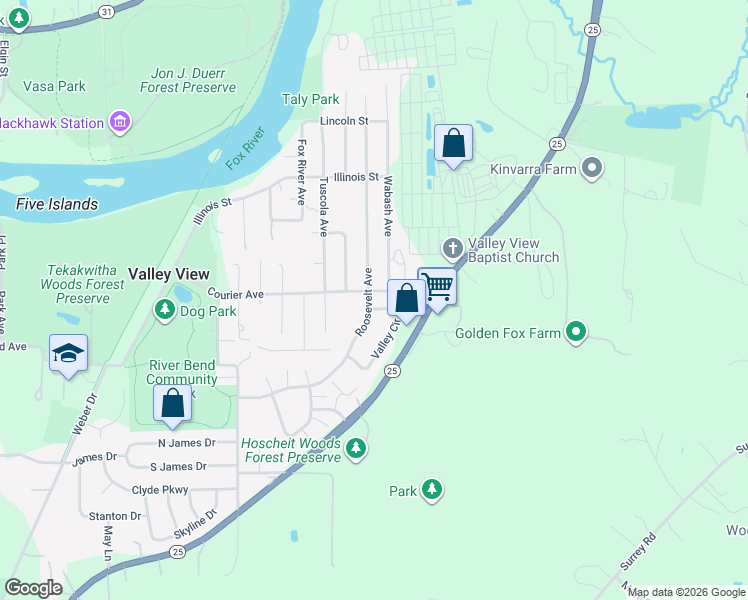 map of restaurants, bars, coffee shops, grocery stores, and more near 6N622 Wabash Avenue in St. Charles