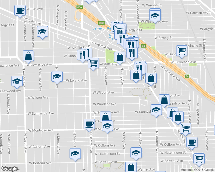 map of restaurants, bars, coffee shops, grocery stores, and more near 5459 West Leland Avenue in Chicago