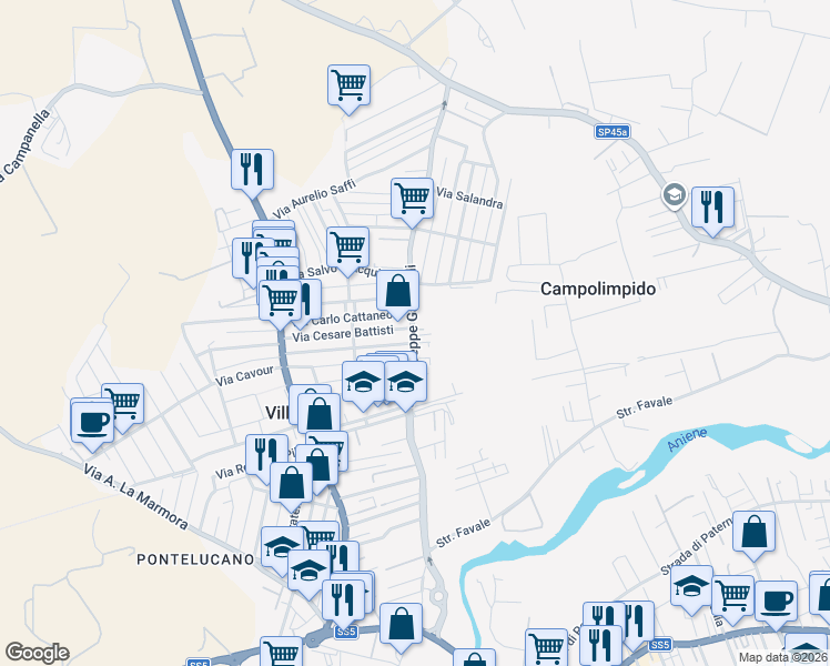 map of restaurants, bars, coffee shops, grocery stores, and more near 82A Via Cesare Battisti in Villanova