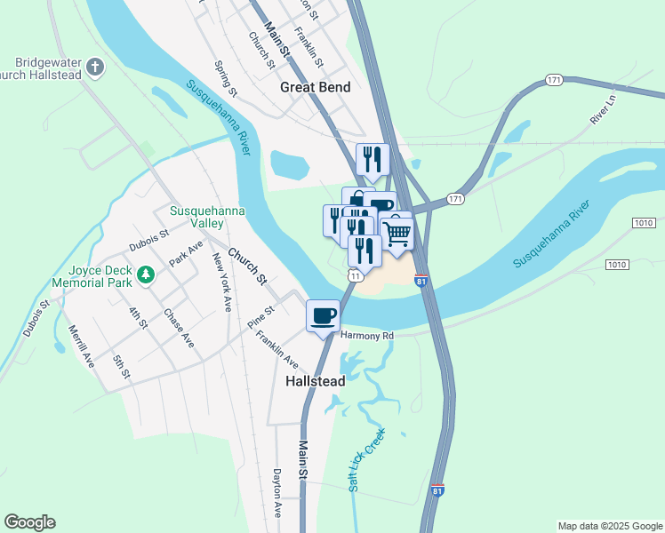 map of restaurants, bars, coffee shops, grocery stores, and more near 364 U.S. 11 in Hallstead