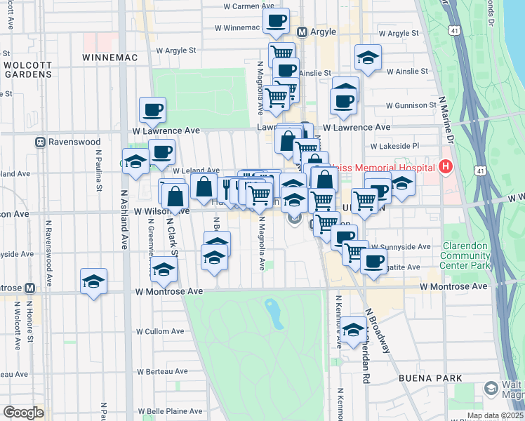 map of restaurants, bars, coffee shops, grocery stores, and more near 4600 North Magnolia Avenue in Chicago