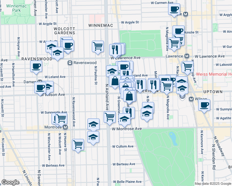 map of restaurants, bars, coffee shops, grocery stores, and more near 1456 West Wilson Avenue in Chicago