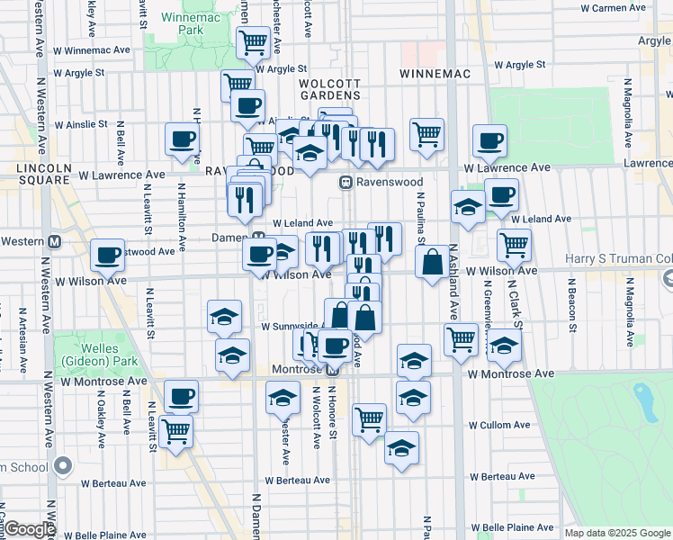 map of restaurants, bars, coffee shops, grocery stores, and more near 4612 North Ravenswood Avenue in Chicago