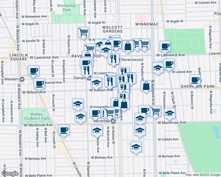 map of restaurants, bars, coffee shops, grocery stores, and more near 4612 North Ravenswood Avenue in Chicago
