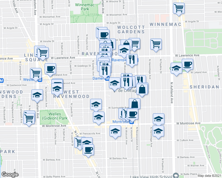 map of restaurants, bars, coffee shops, grocery stores, and more near 4600 North Winchester Avenue in Chicago