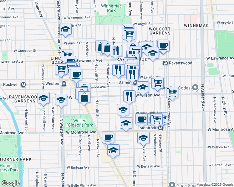 map of restaurants, bars, coffee shops, grocery stores, and more near 2103 West Eastwood Avenue in Chicago