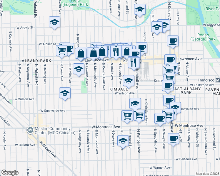 map of restaurants, bars, coffee shops, grocery stores, and more near 4622 North Drake Avenue in Chicago