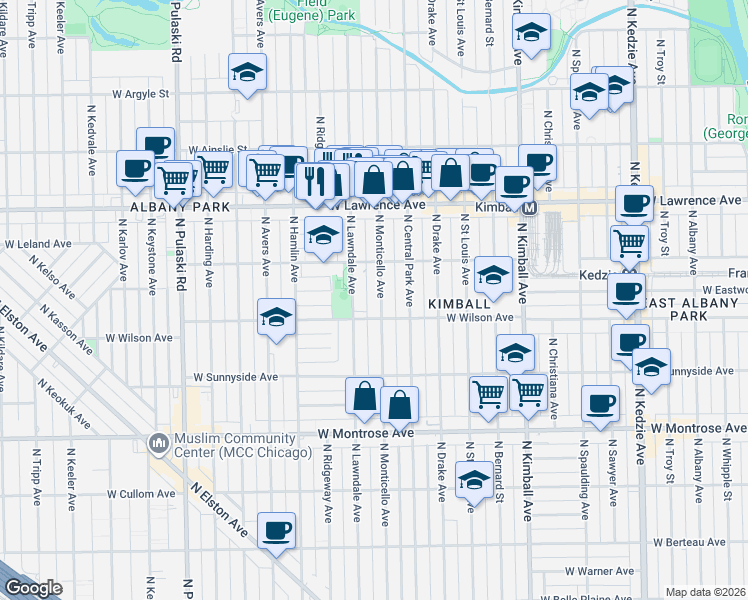 map of restaurants, bars, coffee shops, grocery stores, and more near 4624 North Monticello Avenue in Chicago