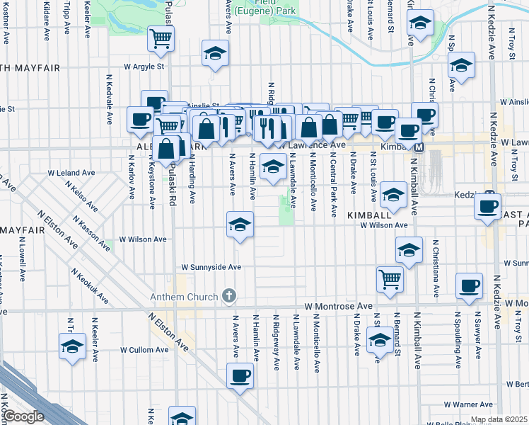 map of restaurants, bars, coffee shops, grocery stores, and more near 3757 West Eastwood Avenue in Chicago