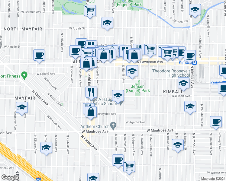 map of restaurants, bars, coffee shops, grocery stores, and more near 4626 North Avers Avenue in Chicago