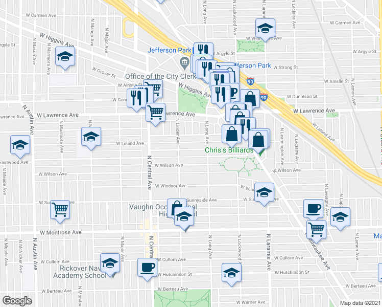 map of restaurants, bars, coffee shops, grocery stores, and more near 5421 West Leland Avenue in Chicago