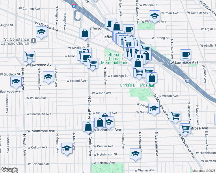 map of restaurants, bars, coffee shops, grocery stores, and more near 5459 West Leland Avenue in Chicago