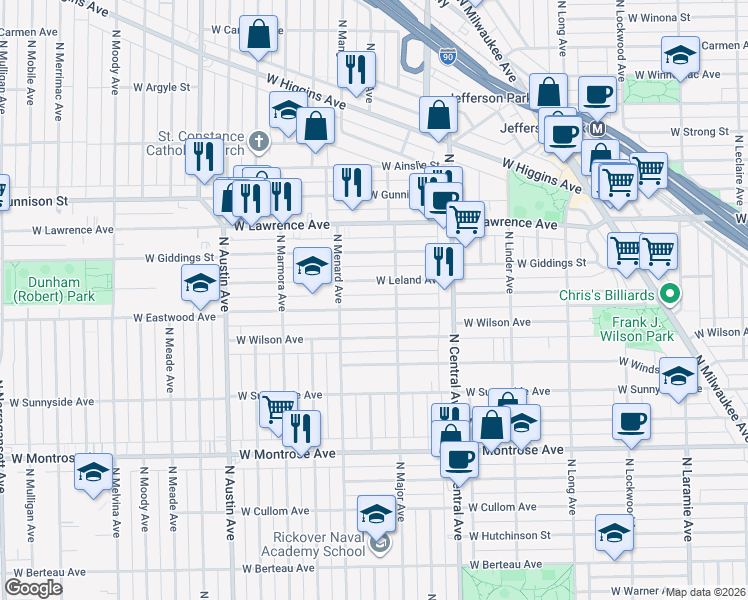 map of restaurants, bars, coffee shops, grocery stores, and more near 5727 West Leland Avenue in Chicago