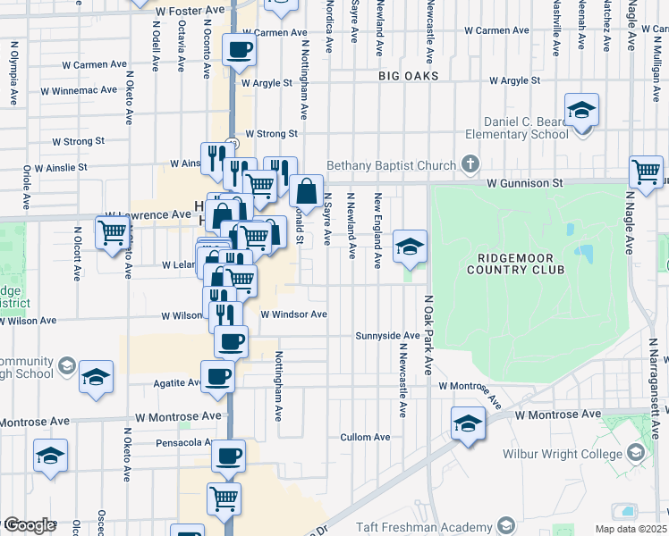 map of restaurants, bars, coffee shops, grocery stores, and more near 4631 North Sayre Avenue in Harwood Heights