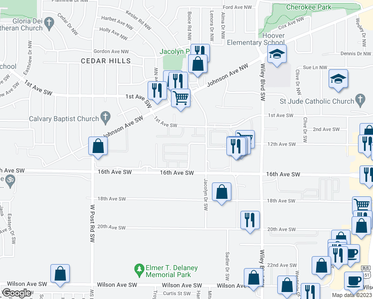 map of restaurants, bars, coffee shops, grocery stores, and more near 210 Jacolyn Drive Southwest in Cedar Rapids