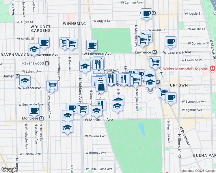 map of restaurants, bars, coffee shops, grocery stores, and more near 1414 West Wilson Avenue in Chicago