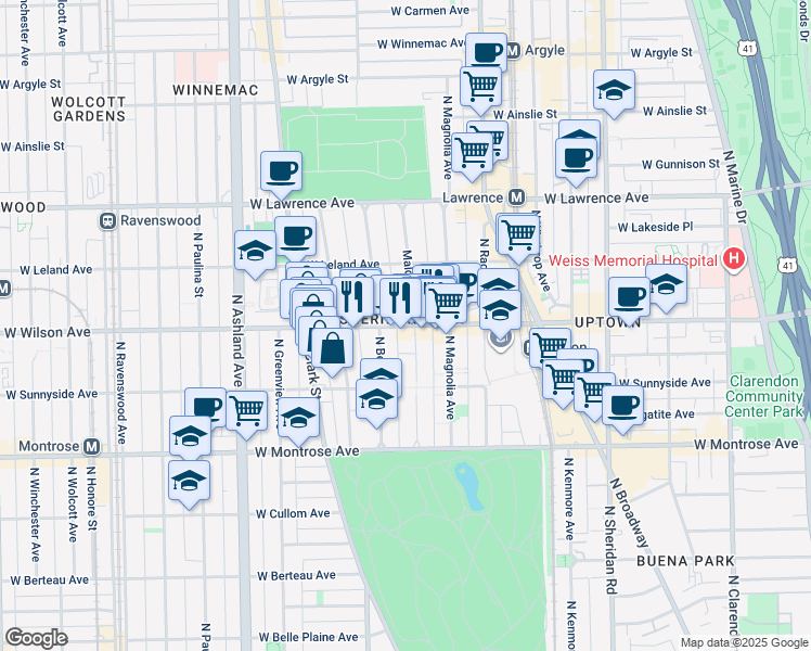 map of restaurants, bars, coffee shops, grocery stores, and more near 1318 West Wilson Avenue in Chicago
