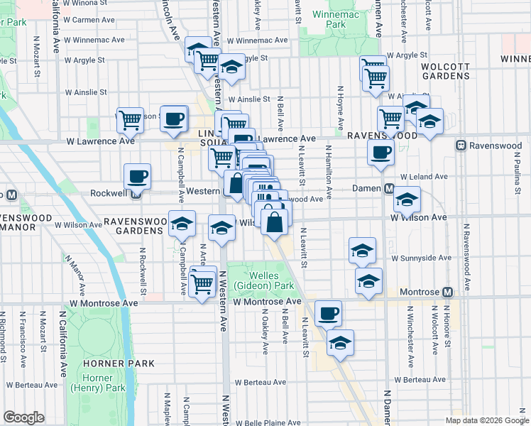map of restaurants, bars, coffee shops, grocery stores, and more near 4613 North Lincoln Avenue in Chicago