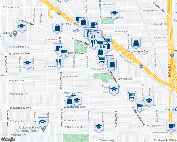 map of restaurants, bars, coffee shops, grocery stores, and more near 5357 West Leland Avenue in Chicago