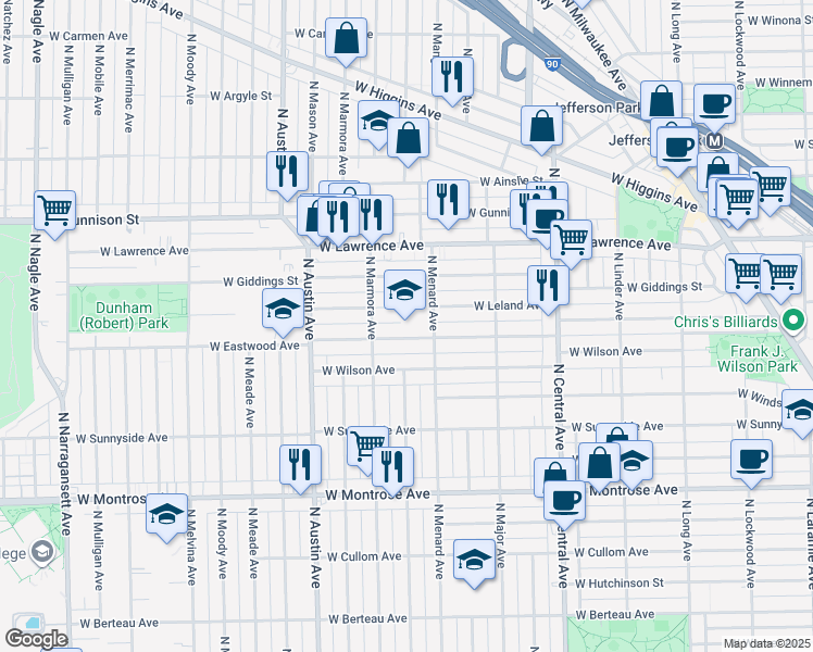 map of restaurants, bars, coffee shops, grocery stores, and more near 4650 North Menard Avenue in Chicago