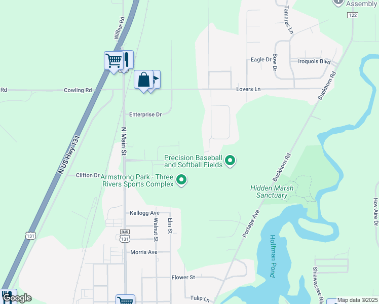 map of restaurants, bars, coffee shops, grocery stores, and more near 611 Coolidge in Three Rivers