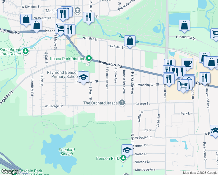 map of restaurants, bars, coffee shops, grocery stores, and more near 40 East Washington Street in Itasca