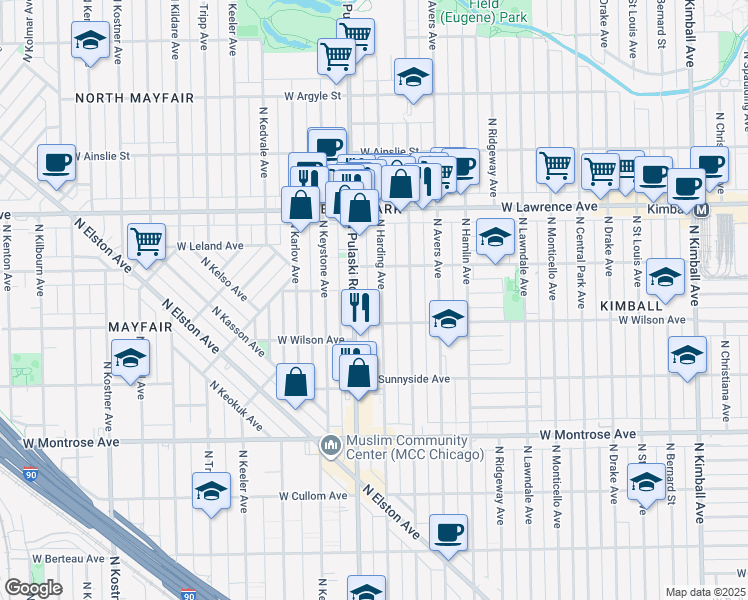 map of restaurants, bars, coffee shops, grocery stores, and more near 4625 North Pulaski Road in Chicago