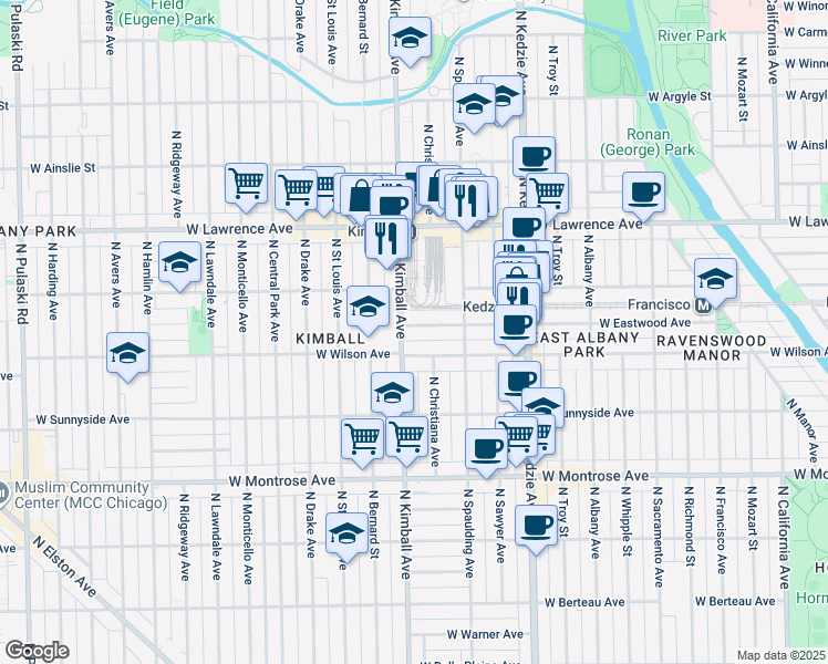map of restaurants, bars, coffee shops, grocery stores, and more near 3341 West Eastwood Avenue in Chicago