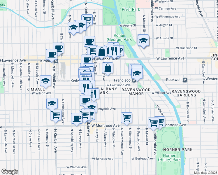 map of restaurants, bars, coffee shops, grocery stores, and more near 3039 West Eastwood Avenue in Chicago