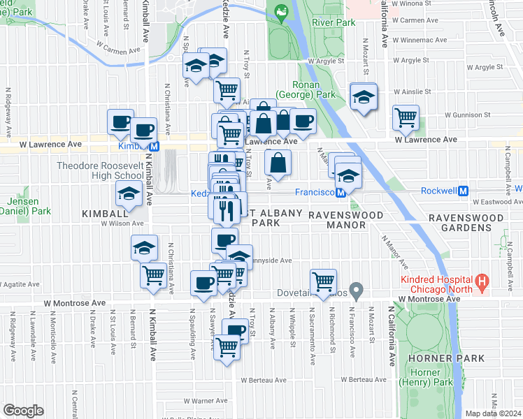 map of restaurants, bars, coffee shops, grocery stores, and more near 3111 West Eastwood Avenue in Chicago