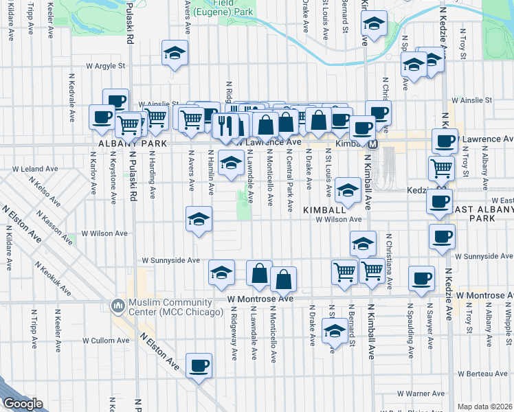 map of restaurants, bars, coffee shops, grocery stores, and more near 4624 North Monticello Avenue in Chicago