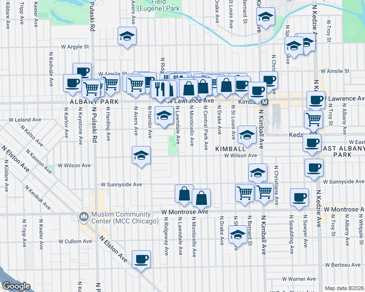 map of restaurants, bars, coffee shops, grocery stores, and more near 4624 North Monticello Avenue in Chicago