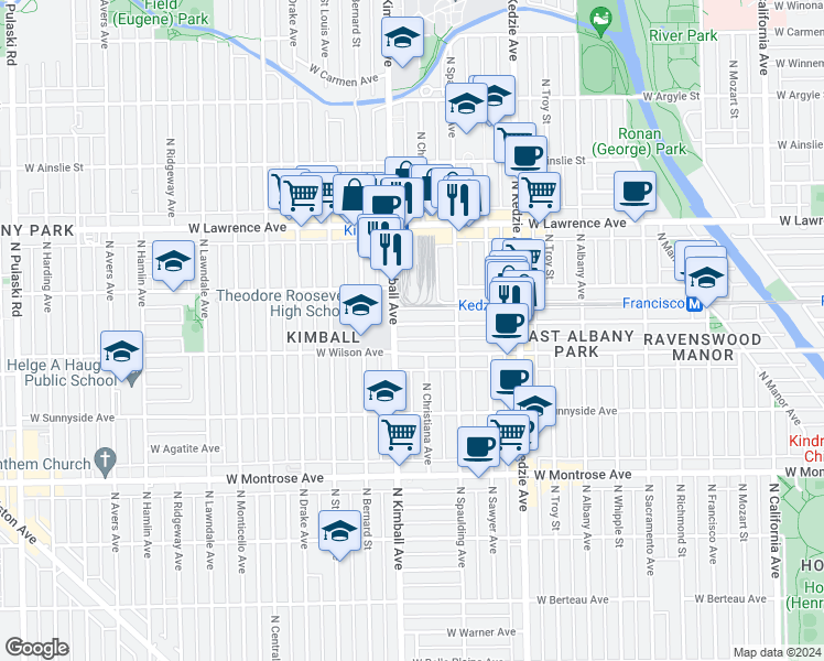 map of restaurants, bars, coffee shops, grocery stores, and more near 3343 West Eastwood Avenue in Chicago