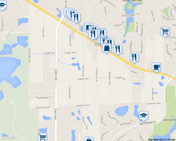 map of restaurants, bars, coffee shops, grocery stores, and more near 6N281 Keeney Road in Roselle