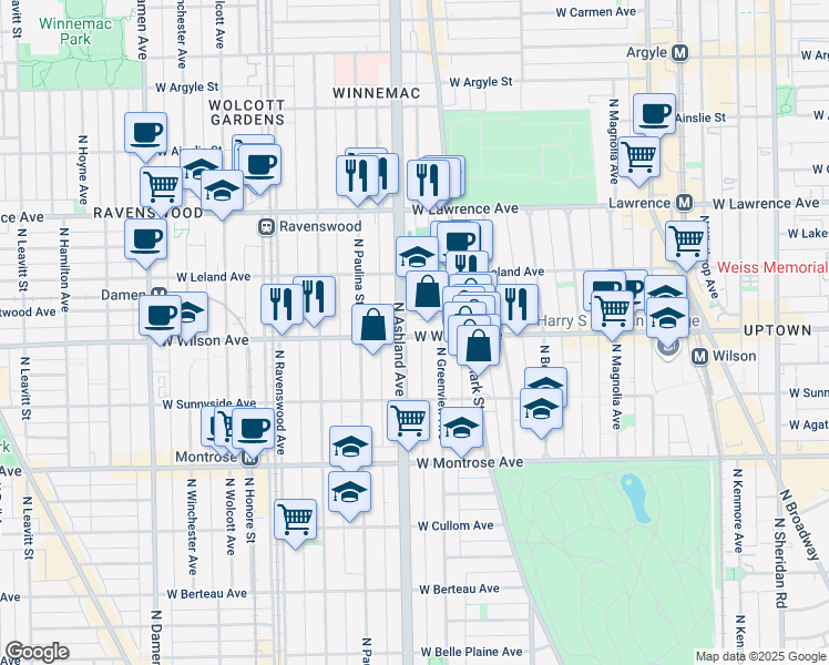 map of restaurants, bars, coffee shops, grocery stores, and more near 1532 West Wilson Avenue in Chicago