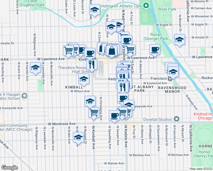 map of restaurants, bars, coffee shops, grocery stores, and more near 3305 West Eastwood Avenue in Chicago