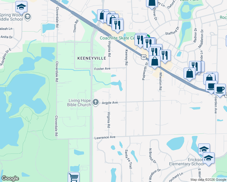 map of restaurants, bars, coffee shops, grocery stores, and more near 6N275 Virginia Road in Roselle