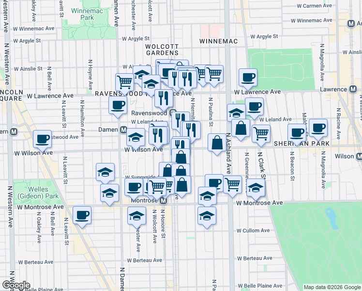 map of restaurants, bars, coffee shops, grocery stores, and more near 4601 North Ravenswood Avenue in Chicago