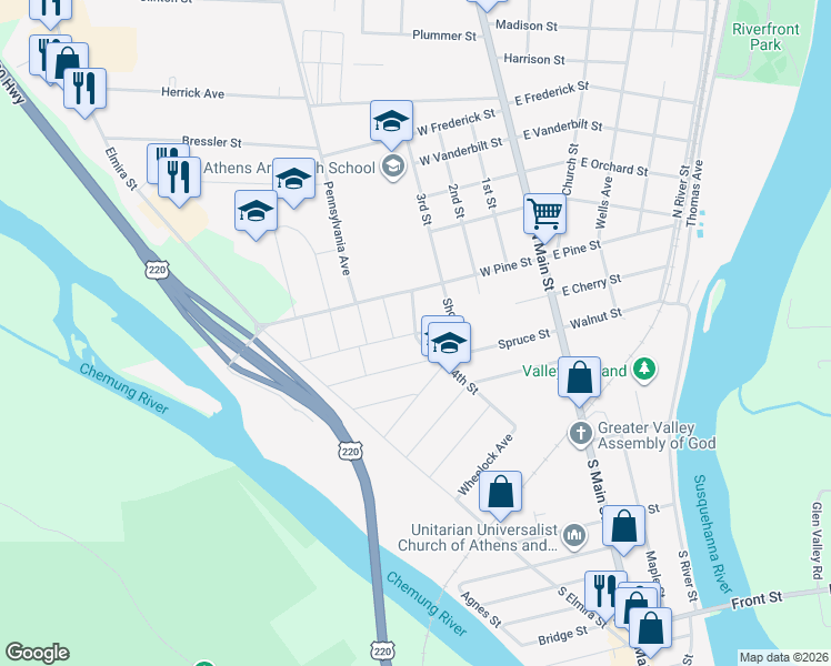 map of restaurants, bars, coffee shops, grocery stores, and more near Pennsylvania Avenue in Athens